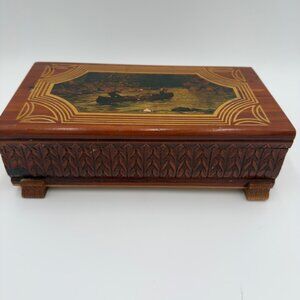 Vintage Cedar Jewelry Box Carved Leaf Pattern Canoe on Lake Rustic Cottage Chic